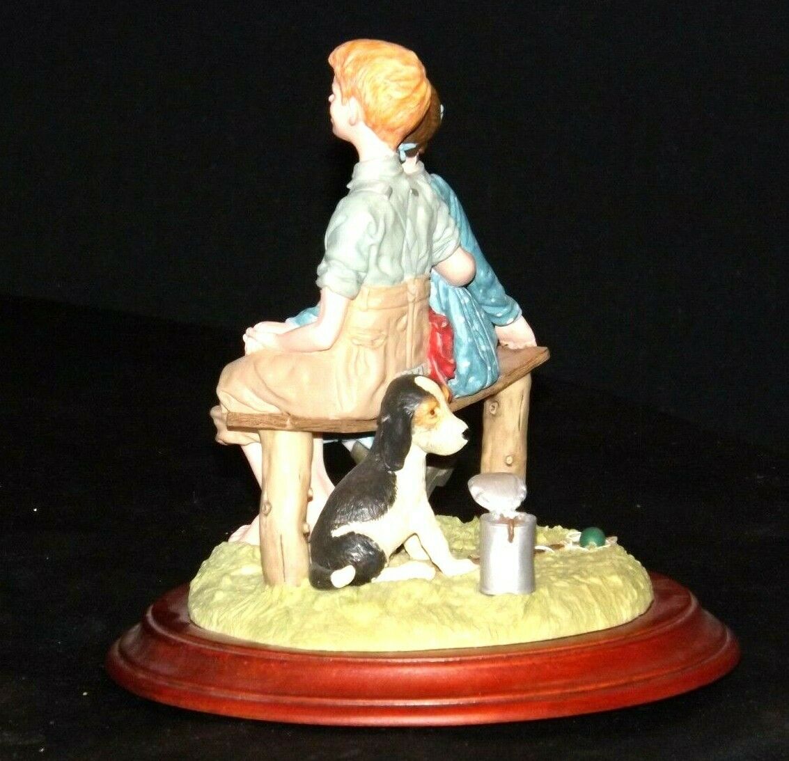 Figurine Statue Bisque Porcelain Hand Painted Little Boy Fishing Puppy  Watching Dad With Book on His Chest Holding a Pipe. Norman Rockwell 