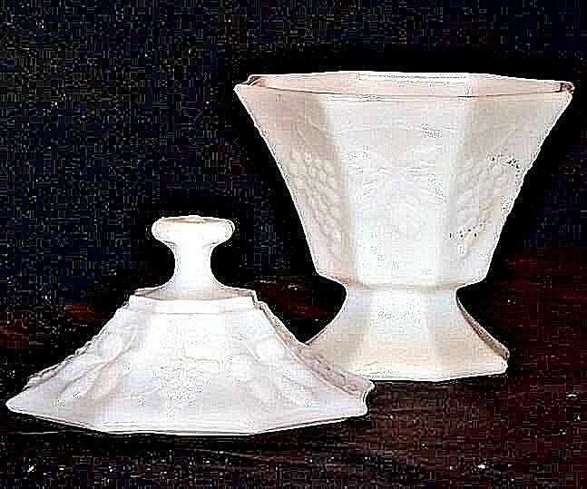 Sold at Auction: MILK GLASS CANDY DISH AND VASES