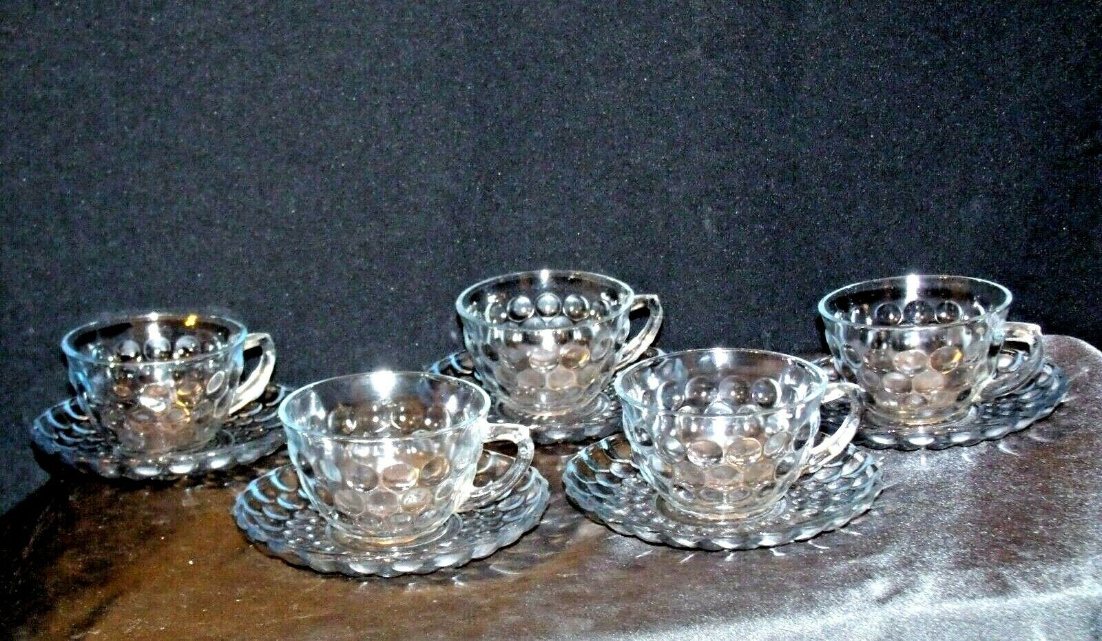 blue bubble pattern cups & saucers, vintage depression glass tea cups set