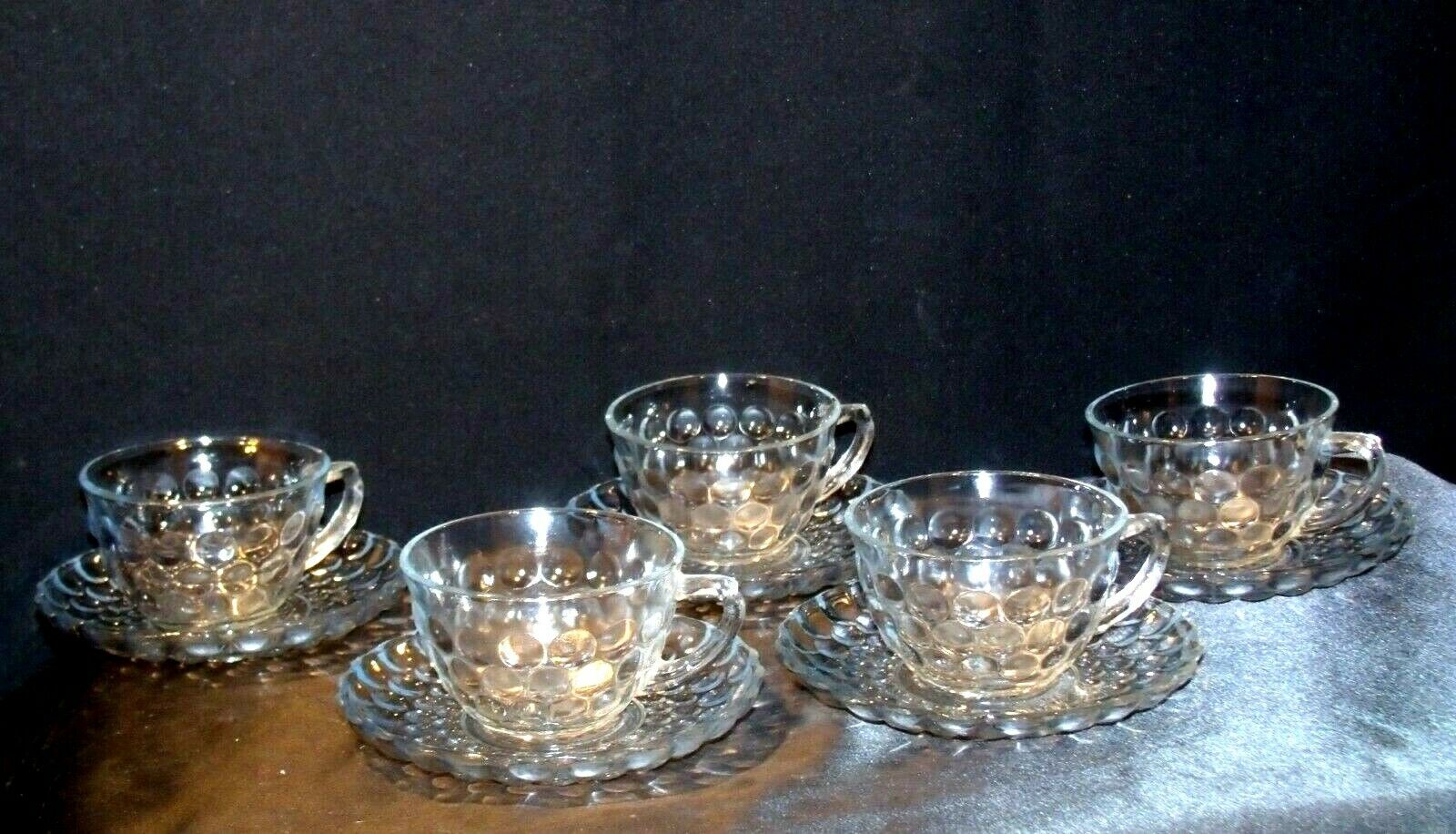 blue bubble pattern cups & saucers, vintage depression glass tea cups set