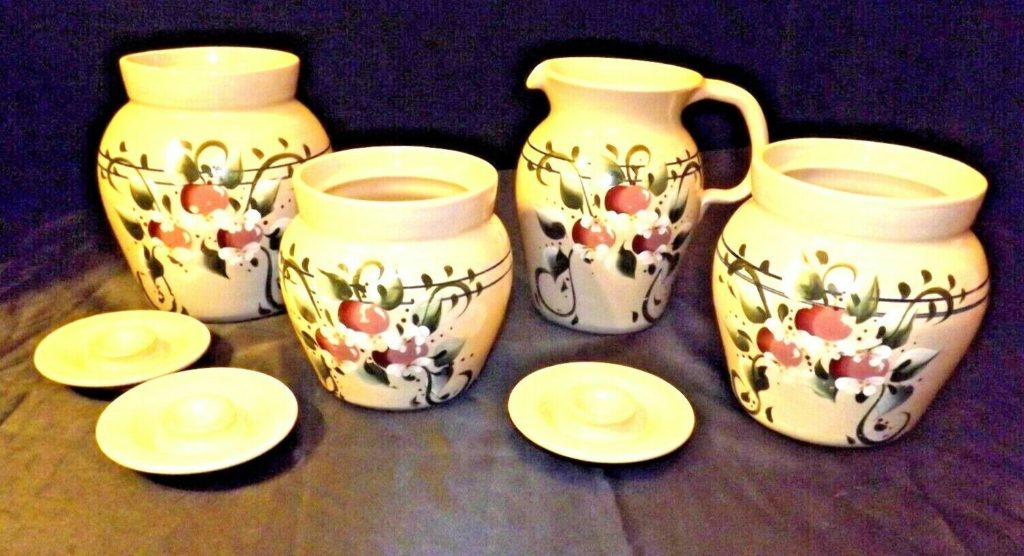 Stoneware Three Canisters With Lids And A Matching Pitcher Hand Turned   5fca6d0de3dec2602d6b7cbf 1024x556 